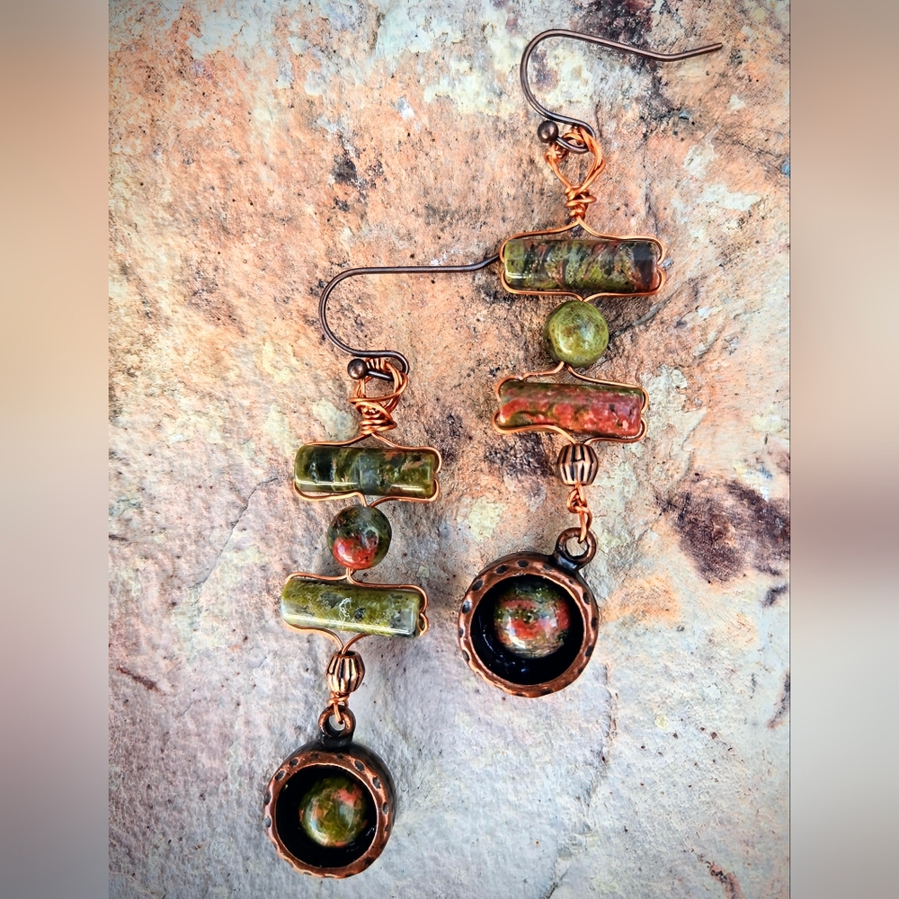 Celtic-inspired Natural Unakite In Handwired Bohemian Copper Artifact Earrings
